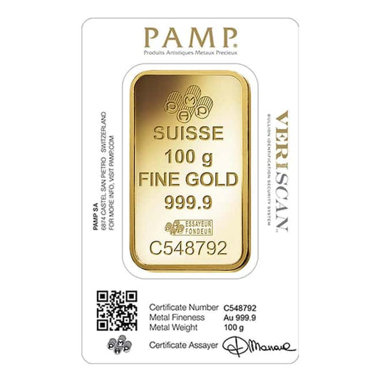 100g Gold Bar PAMP Suisse Lady Fortuna Veriscan (In Assay)