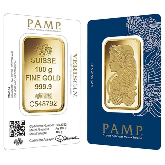 100g Gold Bar PAMP Suisse Lady Fortuna Veriscan (In Assay)