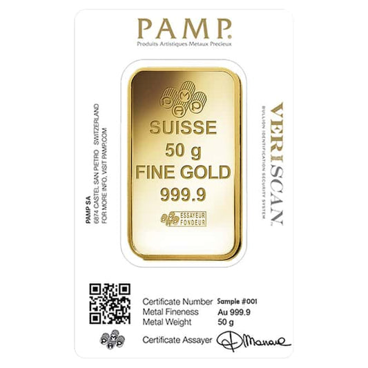 50 Gram Gold Bar PAMP Suisse Lady Fortuna Veriscan .9999 Fine (in Assay)