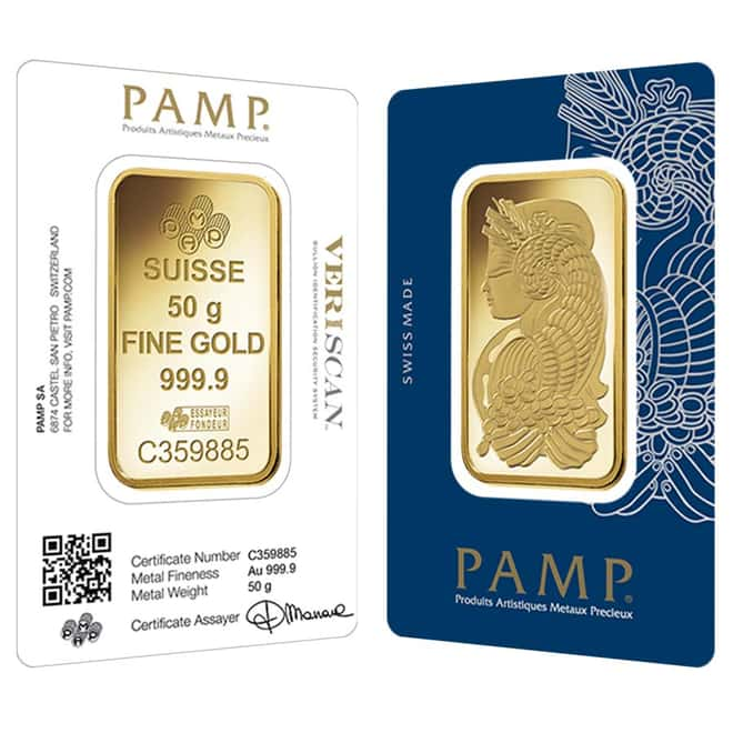 50 Gram Gold Bar PAMP Suisse Lady Fortuna Veriscan .9999 Fine (in Assay)