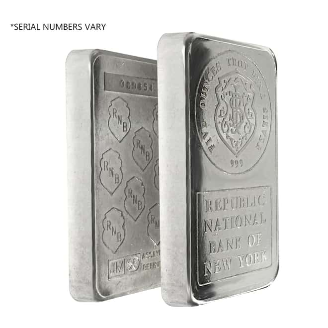 5 oz Johnson Matthey Republic National Bank Silver Vintage Bar .999 Fine (Secondary Market)