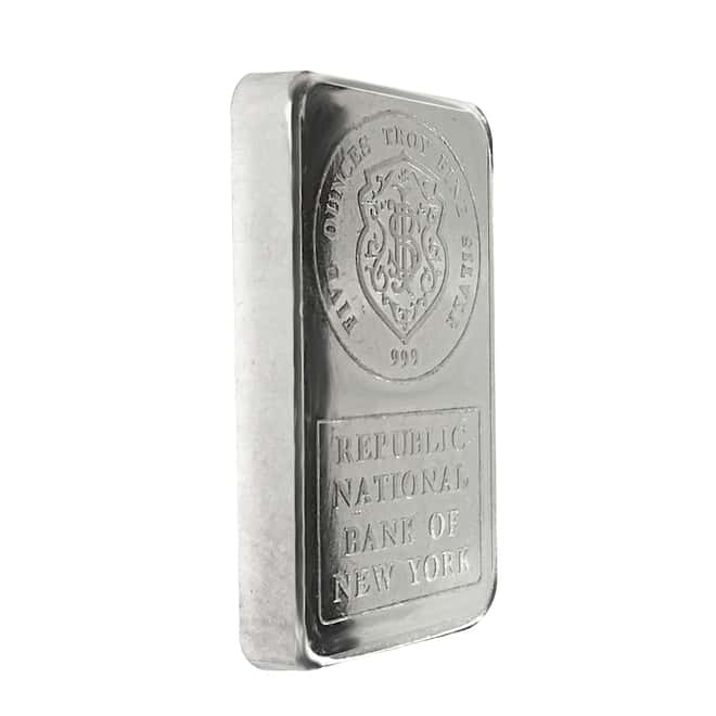 5 oz Johnson Matthey Republic National Bank Silver Vintage Bar .999 Fine (Secondary Market)